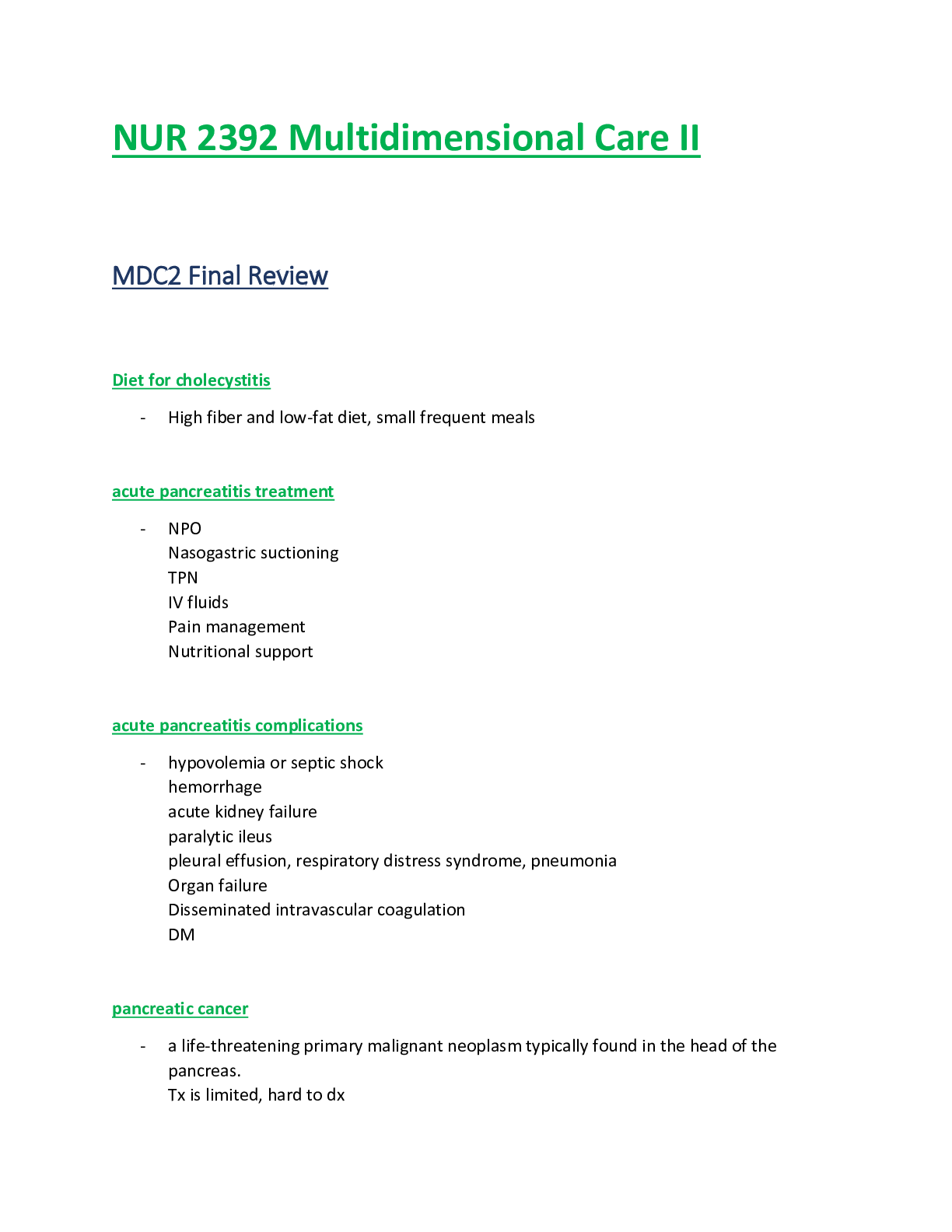 Preview of NUR 2392 / NUR2392 Final Exam Review (Latest Update): Multidimensional Care II / MDC 2 - R